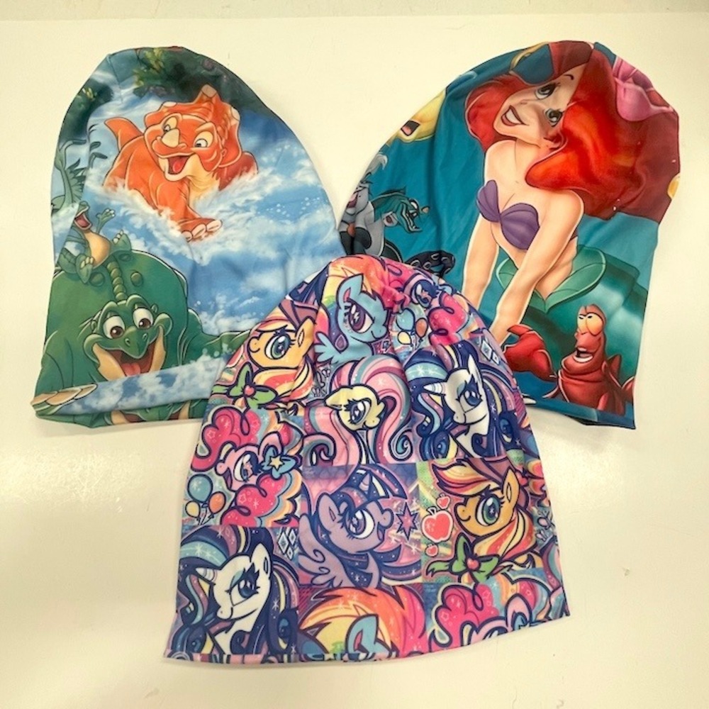 3 Little Girls Beanies Ariel‎ Pony Dinosaur Multicolor Soft & Warm Multicolor